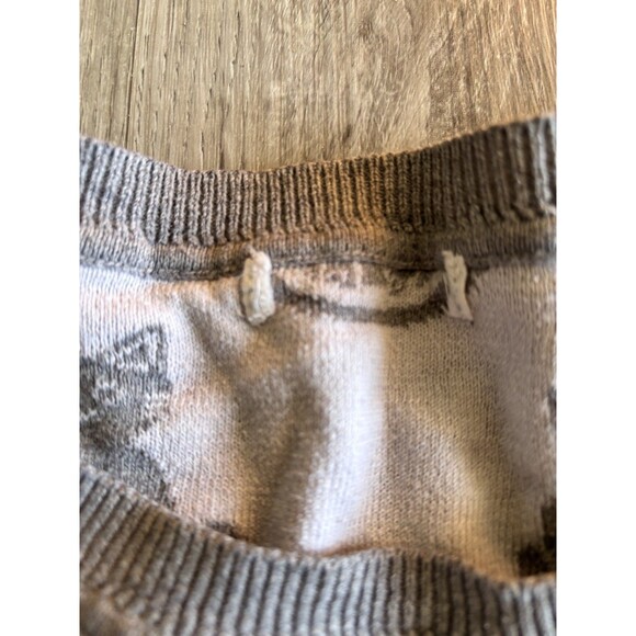 Jacquard Knit Smiling Cat Print Sweater Gray White Whimsical Juniors L - Picture 8 of 9